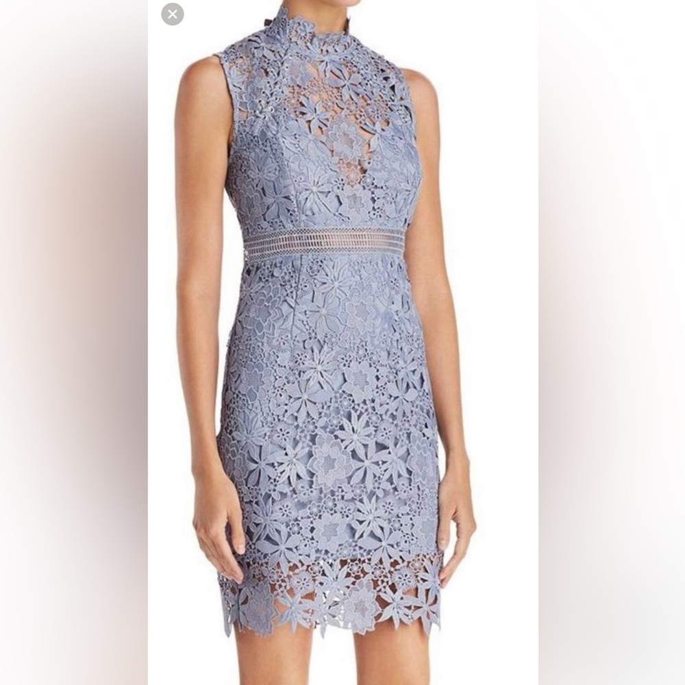 Bardot Paris dusty blue lace sheath dress